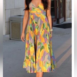 Margovil V Neck Printed High Waist Pleated Midi Cami Dress